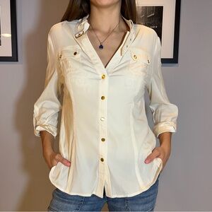 Cache silk cream button up blouse with gold buckles and buttons
